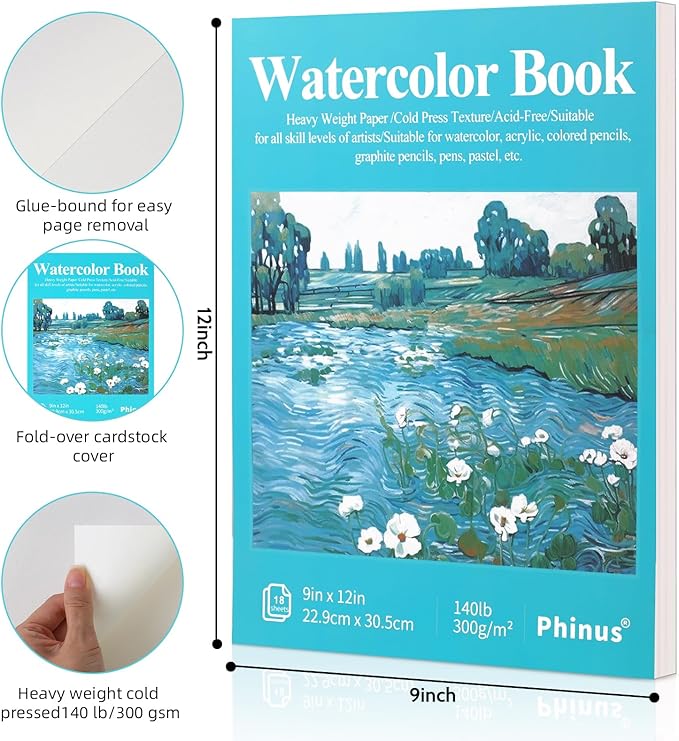 Phinus 18 Sheets Watercolor Paper 9x12 Inch, Cold Press Watercolor Sketchbook (140lb/300gsm), Tape Bound Watercolor Paper Pad for Adults Kids, Mixed Media, Markers and Art Journaling