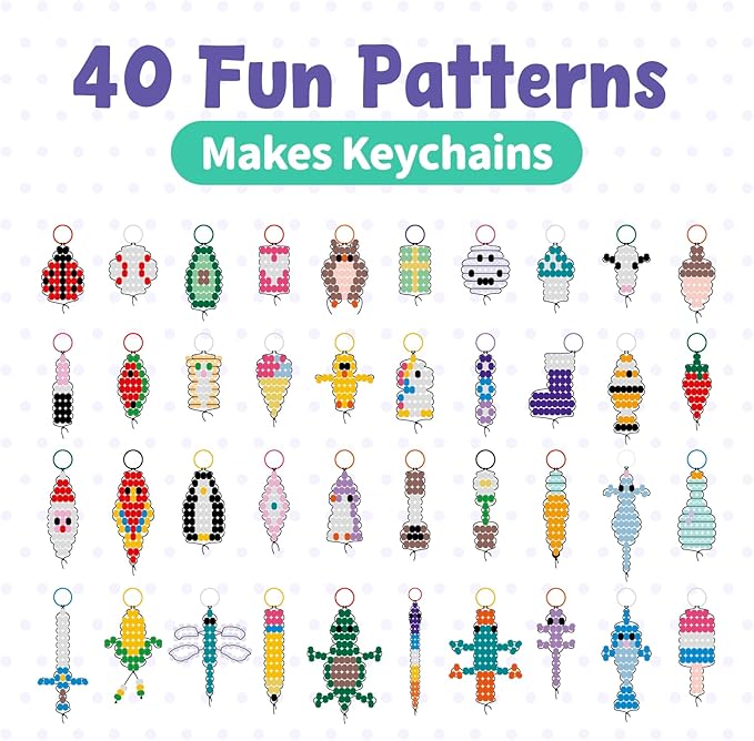 eenua pony bead pets keychain making kit 1800 beads in 21 colors 40 fun designs diy craft set with keychains elastic cord storage box perfect christmas, birthday party gifts for beginners