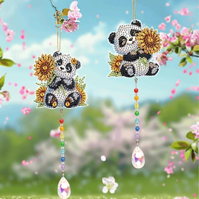 LazyFold 2 Pcs Diamond Painting Wind Chime Kits,Panda and Flower DIY Diamond Art Painting Wind Chime Kits Crystal Art Suncatchers for Adults Home Garden Window Craft Gift