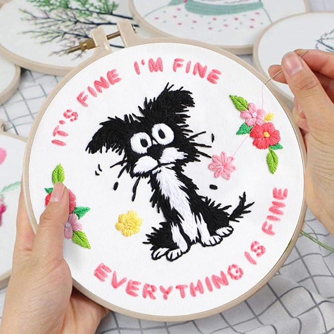 Louise Maelys Funny Dog Embroidery Kits for Beginners,Cross Stitch Kit for Adults,DIY Needlepoint with Cute Animal Pattern -It's Fine I'm Fine Everything is Fine