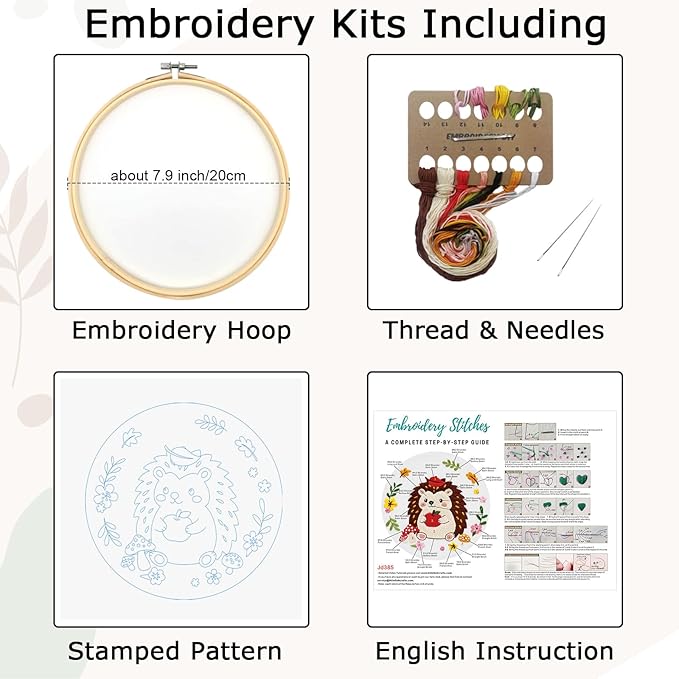Louise Maelys Embroidery Kit for Beginners with Hedgehog Pattern - DIY Cross Stitch Kit with Pre-Printed Fabric, Hoop, Threads & Needles - Adorable Animal Embroidery Kits
