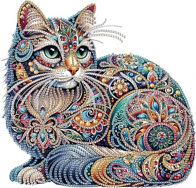 WSLWXSHM 5D Special Shape Diamond Art Kits for Beginners, Diamond Painting Kits for Adults Cat, Crystal Rhinestones Diamond Painting for Home Wall Decoration Gift 12×12inch/30×30cm, Animal
