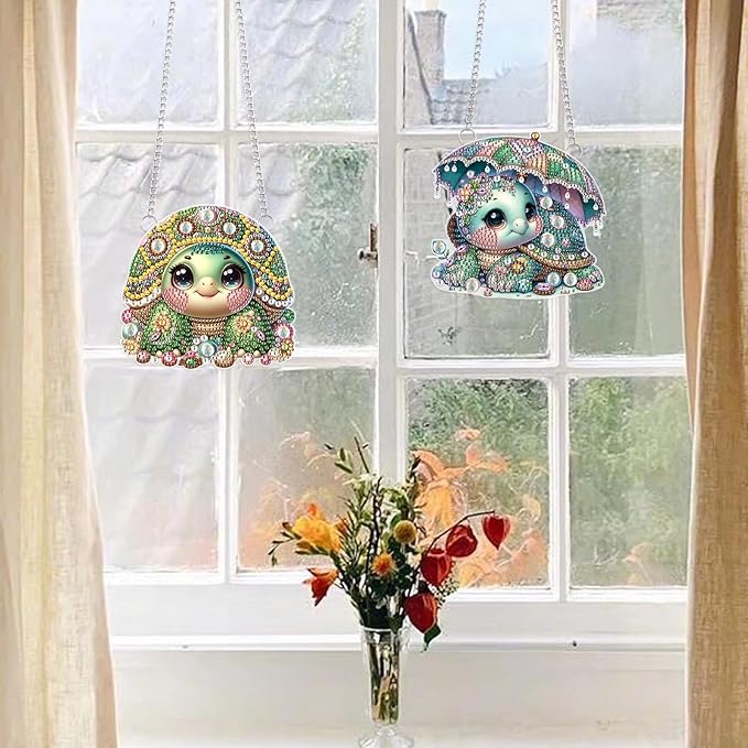 2 Pcs Cute Sea Turtle Diamond Painting Hanging Ornaments – 5D DIY Acrylic Pendant Kit with Irregular Shaped Gems, Mosaic Craft for Window & Wall Decor, Ocean-Themed Handmade Gift
