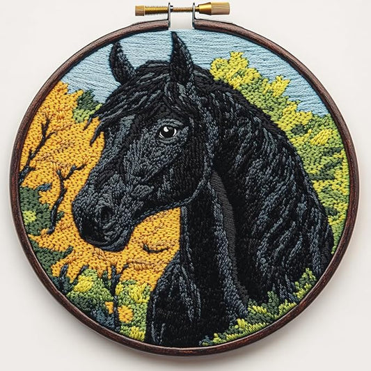 DIY Punch Needle Kits Cartoon Black Horse and Tree Embroidery Punch Needle Starter Craft with Hoop Easy for Beginners for Festival t and Decoration 20x20cm-1