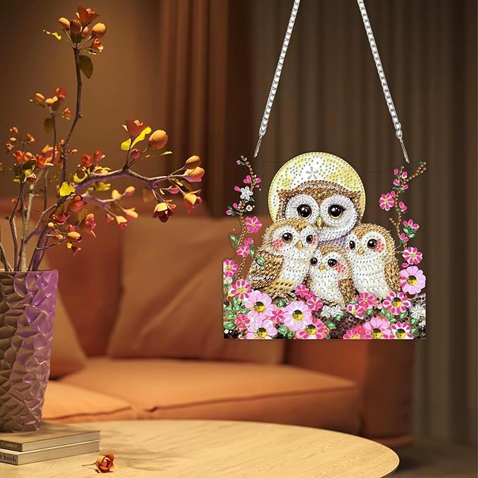 Lxmsja DIY Owls Family Diamond Painting Hanging Ornament, Double-Sided Acrylic Moonlit Diamond Art Kit, Special Shaped Suncatcher Hanging Pendant Window Art Kit 7x8 inch