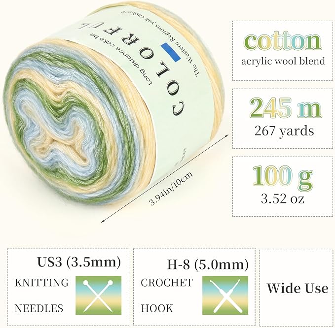 Aeelike Cake Yarn for Crocheting, 3 Skeins Gradient Yarn 100g (3.52 oz) 245m (267 Yards) # 3 Light Weight, Soft Ombré Yarns Fairyland Yarns Rainbow for Making Colorful Crafts, Mint Green Gradient