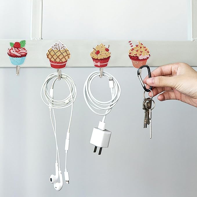 antor 8 Pcs Cupcake Diamond Art Hooks, DIY 5D Crystal Rhinestone Adhesive Wall Hangers, Cute Diamond Painting Hooks for Keys, Towels, Hats, Lightweight Clothes & Home Decoration
