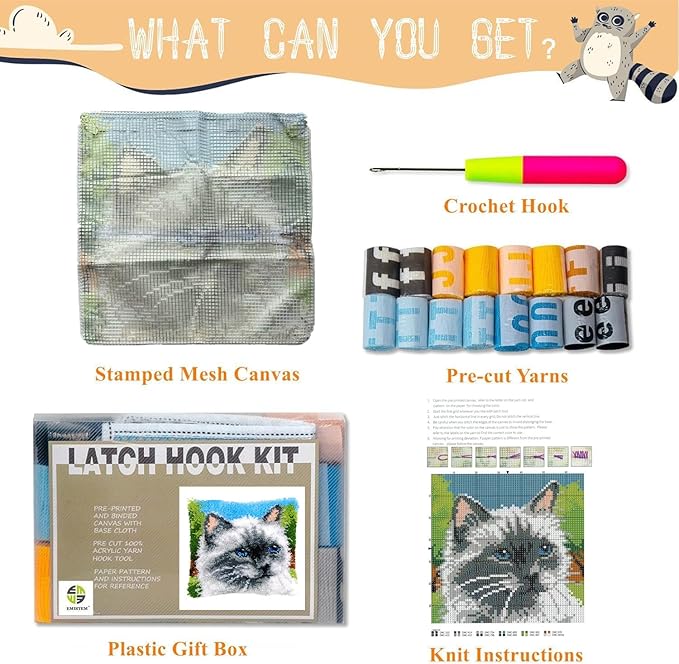 EMISTEM Latch Hook Kits for Adults - Latch Hook Pillow Kits, Crochet Yarn Kit for Beginners, DIY Needlework Crafts Cover Case with Printed Canvas, Gift Packaging. (Blue Eyes Cat,17x17 inch)