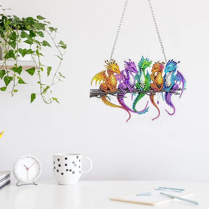 MAXBYE Diamond Art Kits Hanging Colorful Dragon Pendant, DIY 5D Special Shaped Diamond Painting Craft Gem Art Rhinestone for Adults and Home Window Door Decor 8×8 Inch