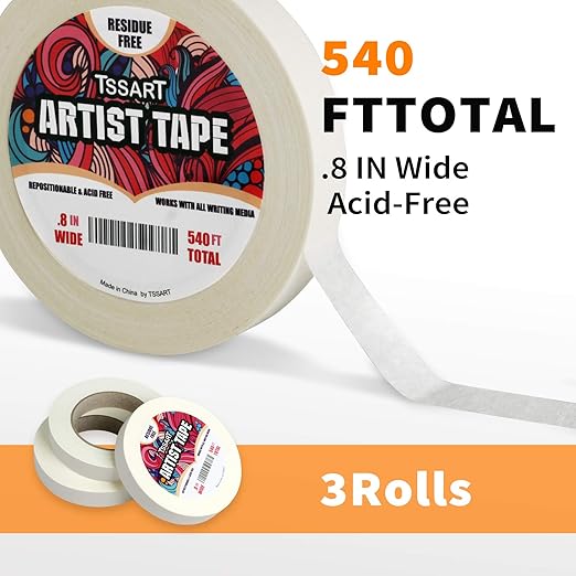3 Pack White Artist Tape - Masking Artists Tape for Drafting Art Watercolor Painting Canvas Framing - Acid Free 0.8inch Wide 540FT Long Total
