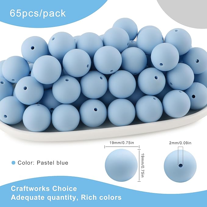 65Pcs 19mm Silicone Beads for Keychain Making Bracelet Necklace, Bulk Round Silicone Beads for Pens（Pastel Blue）