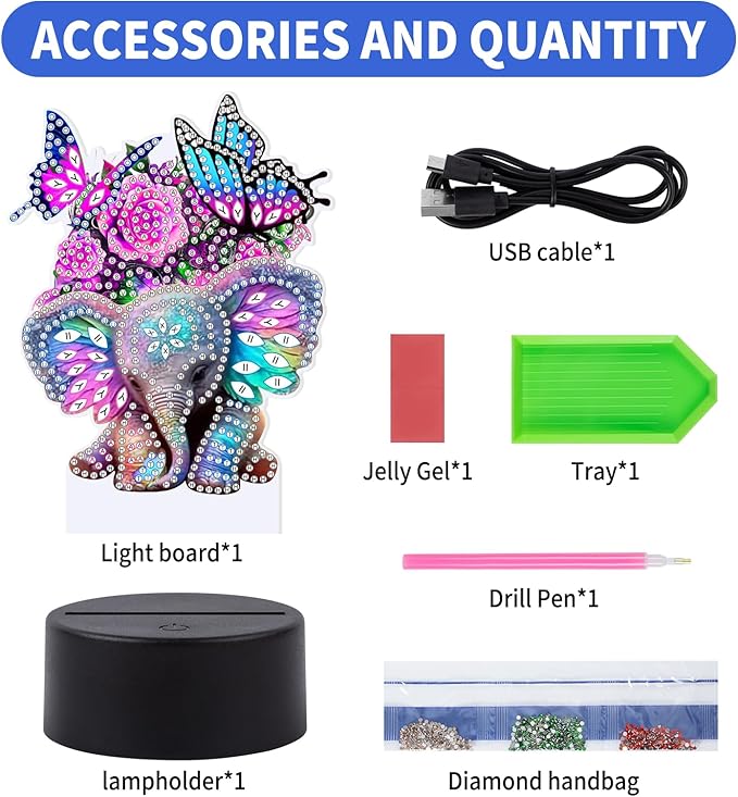 ALKALO Diamond Painting Night Light, Diamond Painting Kits For Adults Desktop Ornaments For Table Tabletop Decor Diamond Art Accessories For Adult Beginner Touch Lamp for Bedrooms Living Room-Elephant