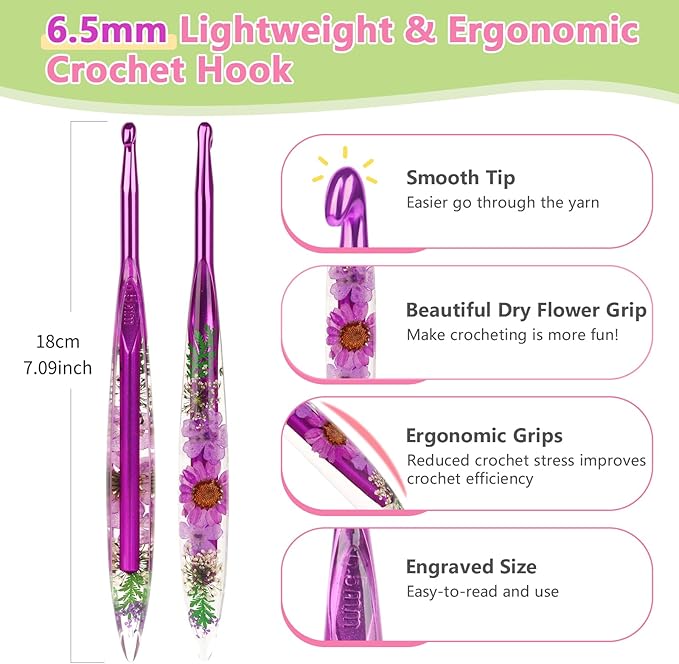Katech 6.5mm Crochet Hooks with Floral Pattern-Elegant &Unique Crochet Needles-Longer Smooth Glide Crocheting Hook for Arthritic Hands, Beginners & Professional Ideal Crochet Gift(K)