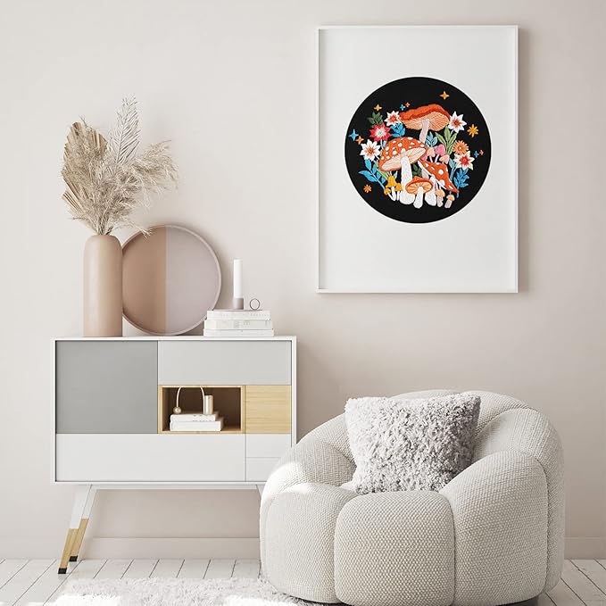 Louise Maelys Mushroom Embroidery Kits for Beginners with Art Night Pattern,Adults Starter Cross Stitch Kit DIY Needlepoint