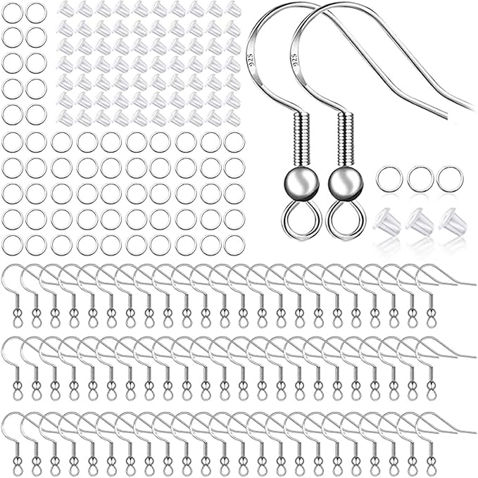 925 sterling silver plated earring hooks 150 pcs/75 pairs,ear wires fish hooks,500pcs hypoallergenic earring making kit with jump rings and clear silicone earring backs stoppers (silver)