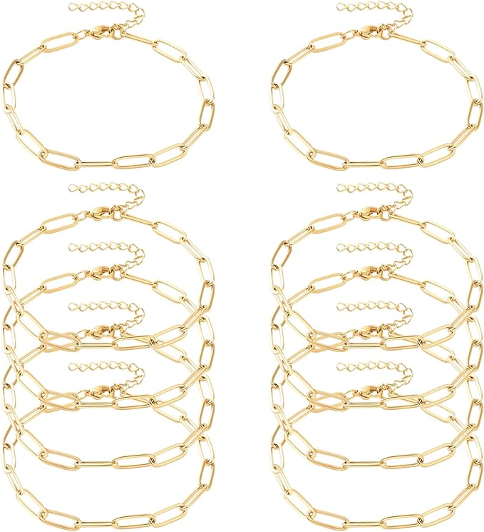 Exway 10 Pcs Paperclip Charm Bracelets Chain 8.0 Inch Stainless Steel Gold Chain Bracelets Kit with Lobster Clasps for Crafts DIY Women Jewelry Making
