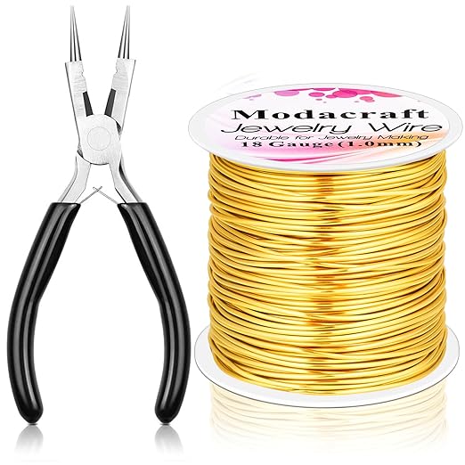 Modacraft 18 Gauge Gold Jewelry Wire & 4-in-1 Pliers Kit - 65FT Tarnish Resistant Copper Craft Wire (1.0mm) for Wire Wrapping, DIY Jewelry Making, Christmas Ornaments & Holiday Decorations