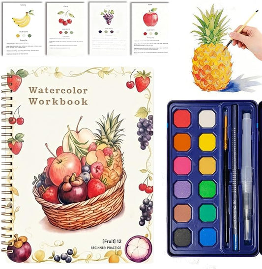 Watercolor Coloring Book Set with Paint & Brush – 12 Colors Fruit Theme, Art Therapy Activity Kit for Classroom, Corporate Events, Employee Birthday Gifts, ADHD Relaxation & Stress Relief