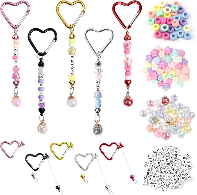 204 Pcs DIY Keychain Making Kit Letter Beads Key Chain Flower Star Heart Bead Kit Acrylic Key Ring Bag Charms Crafts Accessories
