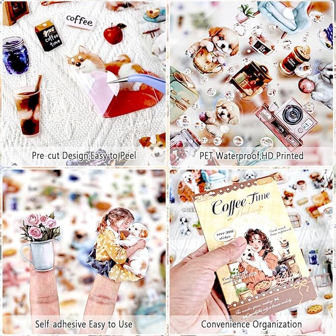 Journal Sticker Book for Journaling and Scrapbooking, Women Pet Coffee Time Theme, 20 Sheets 3.9x5.9 inches, Precut Clear PET Stickers for Junk Journal Supplies, Collage, Scrap Booking