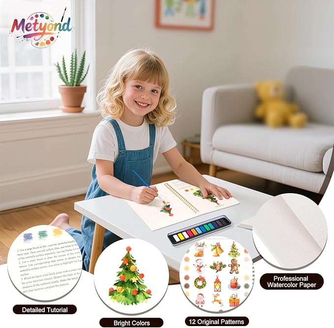 Metyond Christmas Watercolor Workbook - Watercolor Coloring Book with 1 Workbook 12 Colors Paint Set with Brush, Beginner Friendly Watercolor Workbooks Set Gift for Adults Teens (Christmas)