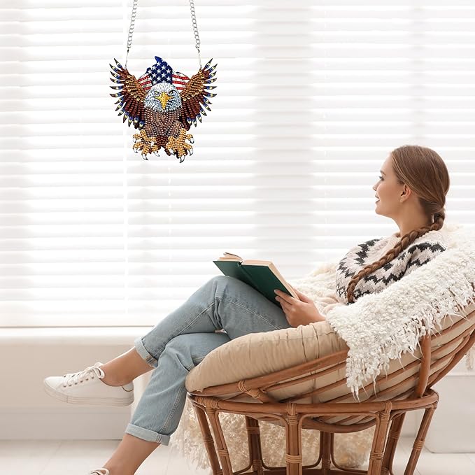 DIY Diamond Art Hanging Kits for Adults, Patriotic American Flag Owl Special Shaped Crystal Diamond Painting Ornament, Acrylic Window Suncatcher Pendant with Chain for Independence Day Home Decor Gift