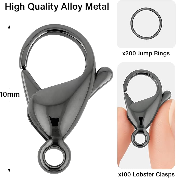 Mandala Crafts 10mm Gunmetal Metal Lobster Clasps for Jewelry Making - 100 Lobster Claw Clasps with Jump Rings Jewelry Findings Kit for Necklaces Bracelets Charms Fasteners