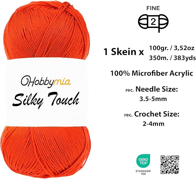 Silky Touch Acrylic Yarn - Soft Sport Weight Yarn for Crochet & Knitting - 100g / 383yds - 100% Microfiber Acrylic - Lightweight Fine Smooth Yarn(Orange - Dark Orange, 1 Skein)