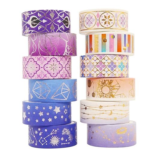 12 Rolls Galaxy Washi Tape Set Bronzing Starry Night Decorative Masking Tape for Scrapbooking, Journal, Planner, DIY Crafts, Gift Wrapping