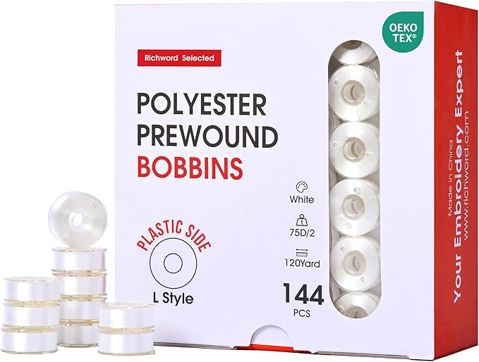 Poolin Prewound Bobbins, Richword Selected Plastic Sided, 144pcs Size L(SA155), 75D/2(60WT) Polyester Bobbin Thread for Commercial Multi Needles Embroidery Machine, White 110 Yards