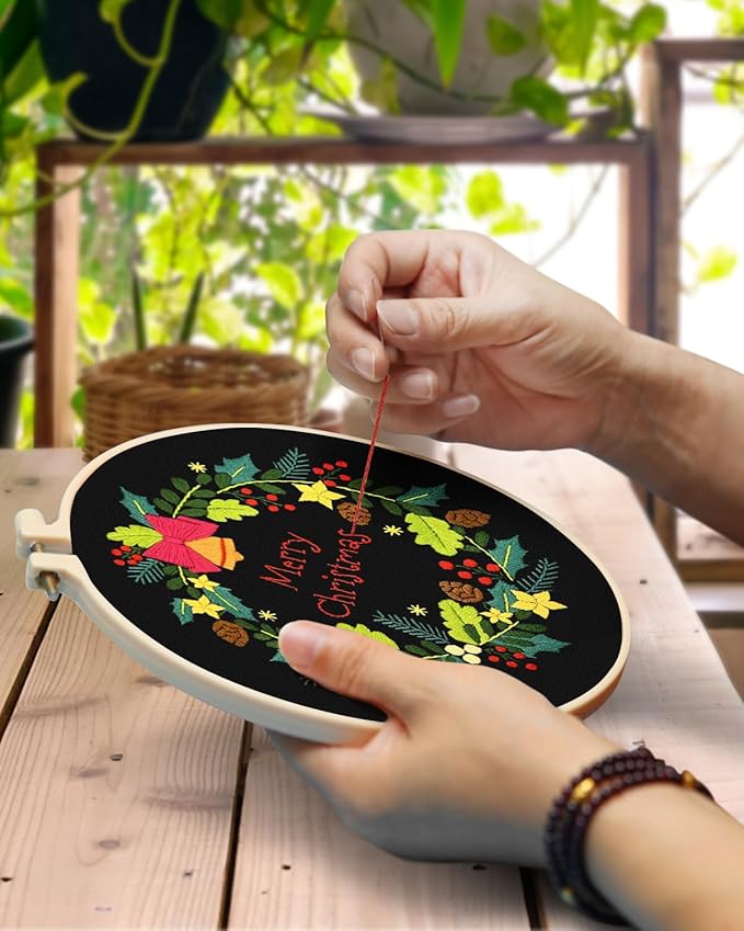 TINDTOP Christmas Embroidery Kit for Adult, 4 Pack Embroidery DIY Starter Kit, with Stamped Patterns, Hoop, Tools, Colorful Threads with Needles, Instructions