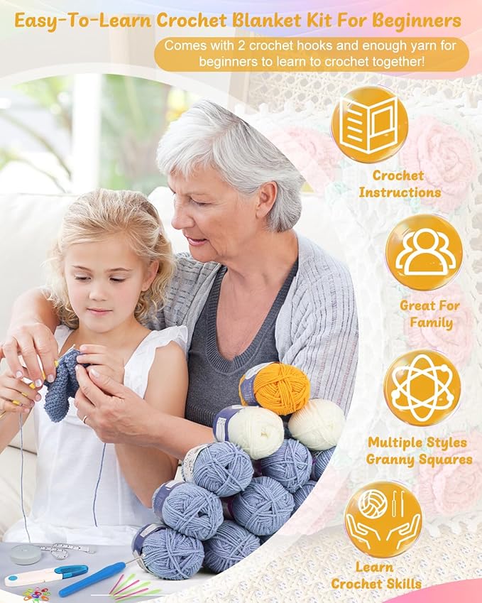 Coopay Crochet Kit Beginners for Blanket, Granny Squares Crochet Blanket Kit w Instructions & Enough Yarn, Complete Crocheting Starter Set - Easy to Learn for Adults (Blue-Purple)