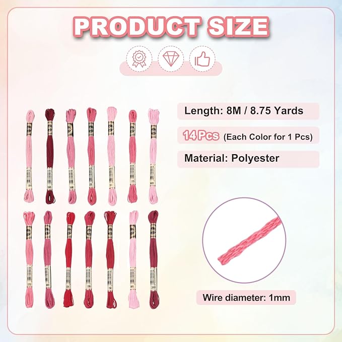 PATIKIL 14 Skeins Embroidery Floss, Polyester Embroidery Threads Bracelets String for Cross-Stitch Hand Embroidery, Multicolored Dark Red Pink