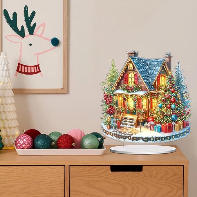 LAKEQUILL Christmas Diamond Painting Kits, House Tabletop Ornament, Stand Up Diamond Art Desktop Kits for Home Office Decor, New Year Gift