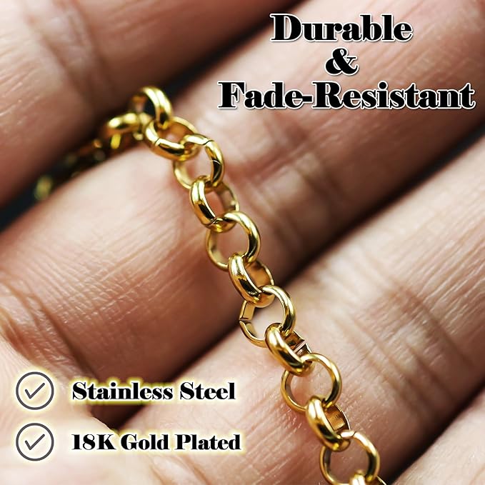 UniCrena Gold Rolo Chain Jewelry Making Supplies 10ft - 4mm Link Chain Bulk for DIY Necklace Bracelet Hat Chains Decoration