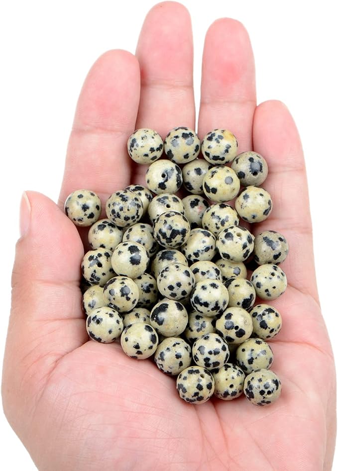 bymitel 90pcs natural crystal beads stone gemstone round energy healing loose beads with stretch cord for jewelry making bracelets anklets (dalmation jasper, 10mm 90pcs)