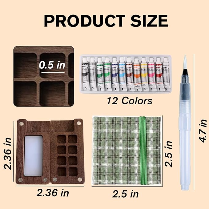 Aimery Mini Watercolor Paint Travel Set, Portable Small Miniature Pocket Water Color Painting Kit with Wooden Palette & Sketchbook(Green Stripe)