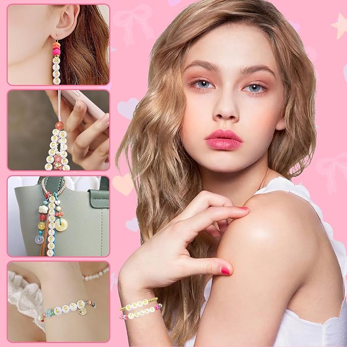 Looconi 1400pcs Letter Beads A-Z 4x7mm White On Gold Round Acrylic Alphabet Heart Beads and Beading Cord for Jewelry Making Bracelets Necklaces Key Chains