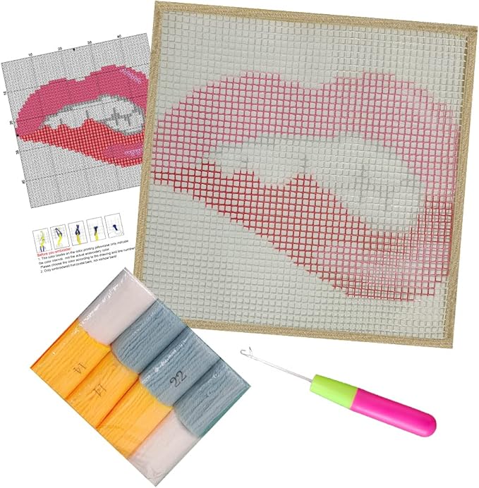 Numptain Latch Hook Kits for Adults,DIY Rug Crafts Red Lips Pattern Color Printed Canvas,Latch Hook Kits for Beginners Handmade Needlework Crafts Home Decoration,12"x12"
