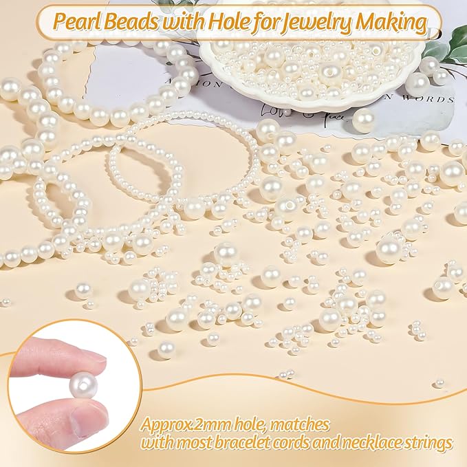 1228pcs Pearl Beads for Jewelry Making Pearl Beads for Bracelets Pearl Beads for Crafts Pearl Beads for Bracelet Making Kit Pearl Beads with Holes for Jewelry Making, Imitation Pearls for Fillers