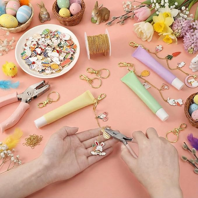 VioraWhite 213 Pcs Easter Theme Lip Gloss Keychain Making Kit 100 Pink Enamel Charms 32.81 ft Gold Chains for DIY Crafts Women
