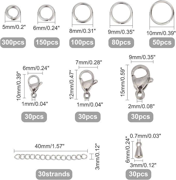 PH PandaHall 830pcs Jewelry Making Findings Stainless Steel, 680pcs 5 Styles Jump Rings 90pcs 3 Styles Lobster Claw Clasps 30pcs 40mm Extender Chains 30pcs Chain Drop for DIY Bracelet Necklace