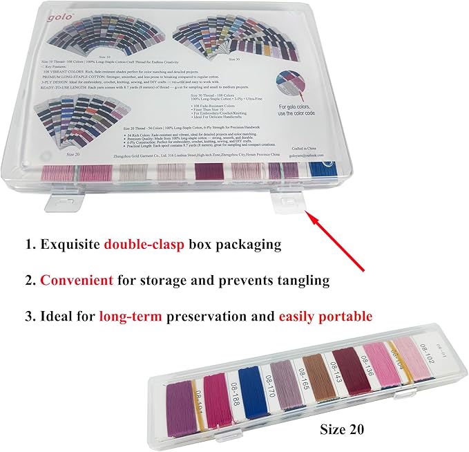 golo Crochet Thread Size 10-108 Color Card 108 Skeins Embroidery Thread Set Elegant Gift Box Set with Tools 100% Long-Staple Cotton Embroidery Floss