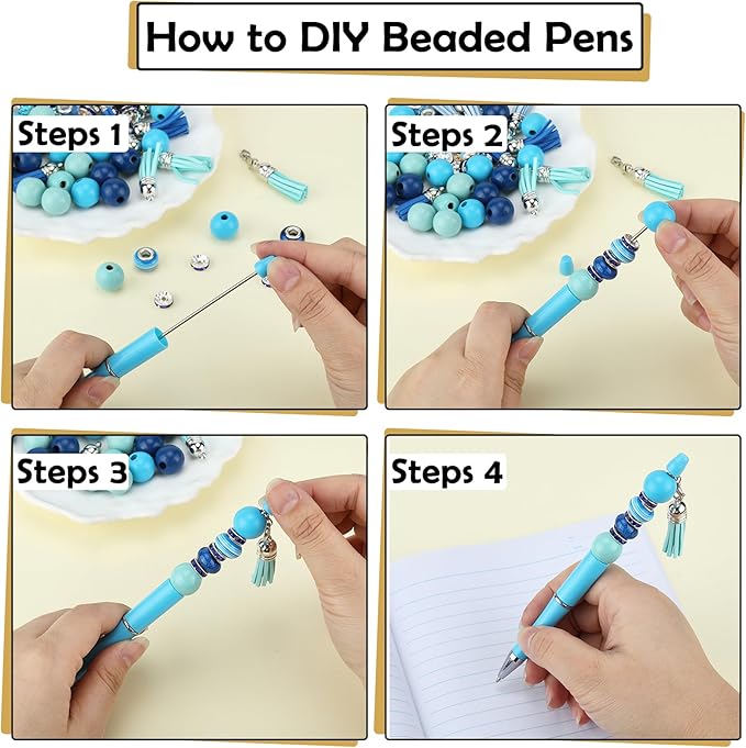 12pcs DIY Beadable Pens Bulk Pens for Beads Beaded Pen Kit for Students Teacher Office Supplies DIY Making Gifts(Blue)