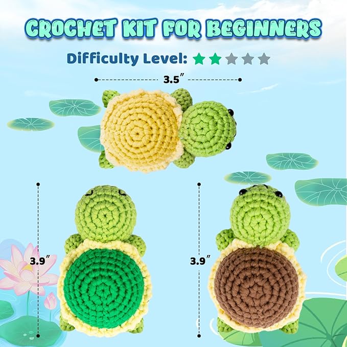 Totiro Crochet Kit for Beginners, Turtle Amigurumi Starter Kit, Easy DIY Craft Set with Step-by-Step Video Tutorials, 3 Pack Animal Crochet Pattern Learning Kit for Teens Adults Birthday Gift