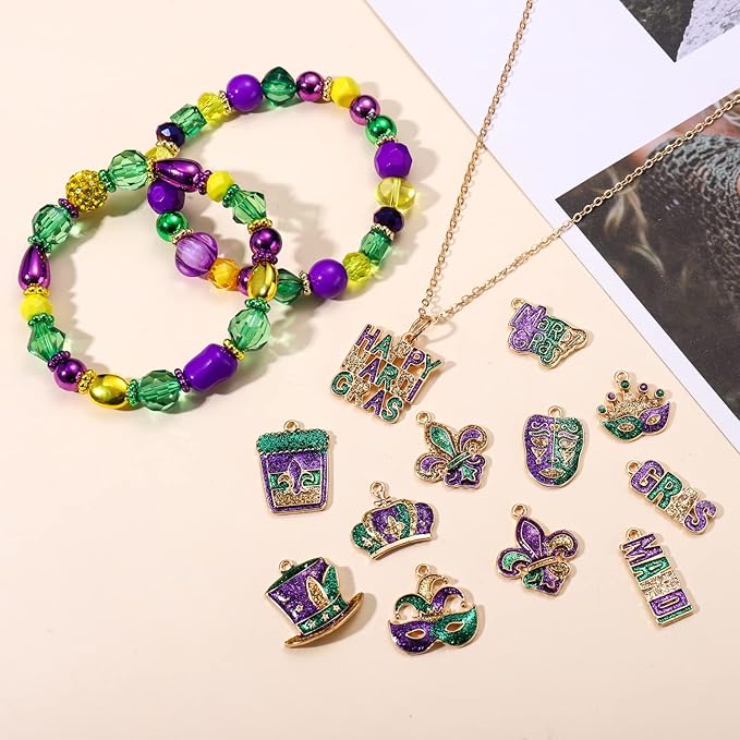 NVENF Mardi Gras Beads & Charms for Jewelry Making, Gold Purple Green Polymer Clay & Acrylic Beads, Letter Spacer Beads for Bracelet & Necklace Making DIY Crafts