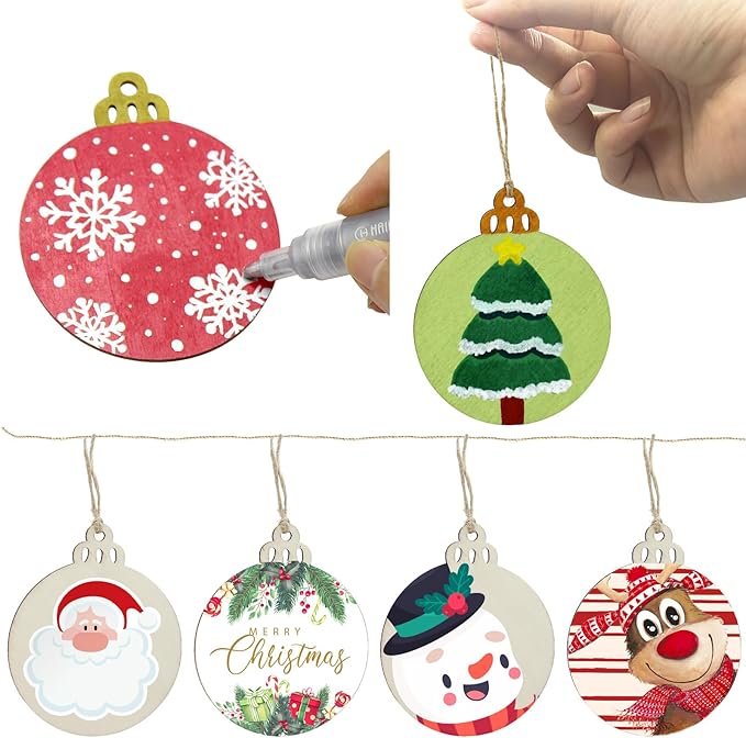 Hidreas 40 Pcs Unfinished Wood Ornaments DIY Round Wooden Ornaments Christmas Crafts Kit, Round Wood Christmas Ornaments for Crafts and Christmas Holiday Hanging Decorations