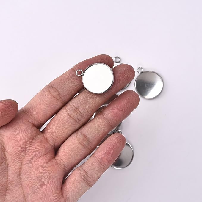 LANBEIDE 30 Pieces Stainless Steel Round Pendant Blank Tray, 30 Pieces Clear Glass Cabochons for Jewelry Making Camo Resin Druzy Cabochons 20x20mm (Total 60 Pcs)