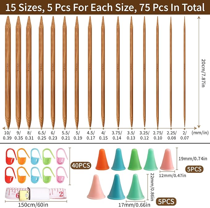 Double Knitting Needles Set - 75pcs Bamboo Pointed Knitting Needle Kit 15 Sizes 2.0-10.0mm Beginners Knitting for Making Sweater, Shawl, Scarf