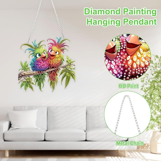 TOSTOG Birds Diamond Art Hanging Kits for Adults,Cute Bird Diamond Painting for Adults Window Pendant, Special Shape Diamonds Diamond Painting Hanging Pendant Kit for Wall Home Decor Gift